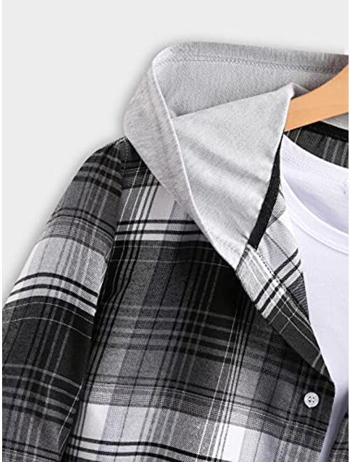 Romwe Men's Long Sleeve Hoodie Plaid Flannel Shirts Jacket
