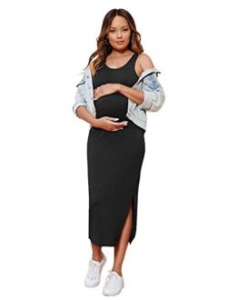 Women's Maternity Rib Knit Split Side Sleeveless Bodycon Tank Pencil Dress