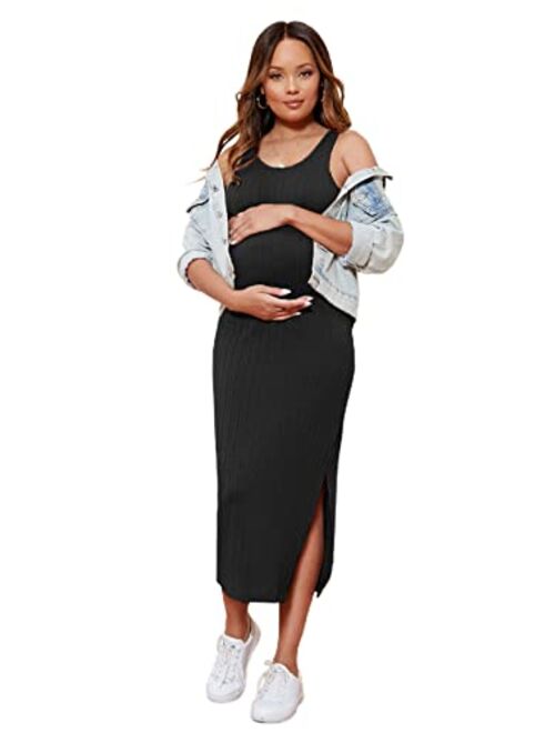 Romwe Women's Maternity Rib Knit Split Side Sleeveless Bodycon Tank Pencil Dress