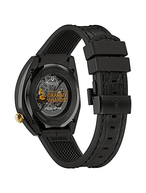 Bulova Grammy Automatic Mens Stainless Steel with Black Leather & FKM Rubber Strap, Black (Model: 98A241)