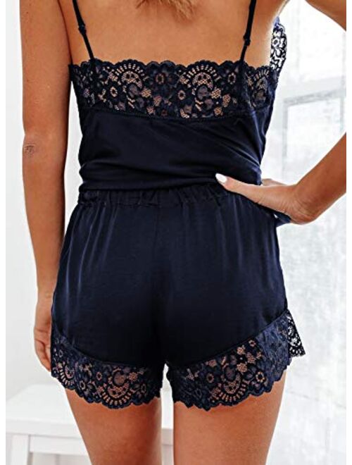 Sidefeel Womens Sexy Lace Pyjamas Sets Trim Satin Sleepwear Cami Tops Short Nightwear Sets S-2XL