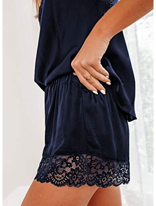 Sidefeel Womens Sexy Lace Pyjamas Sets Trim Satin Sleepwear Cami Tops Short Nightwear Sets S-2XL