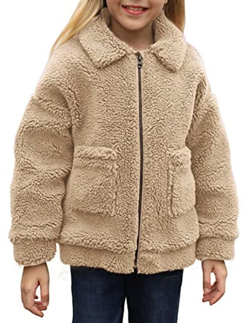 Sidefeel Girl's Soft Lapel Fleece Zip Up Faux Shearling Fluffy Cropped Jacket Coat