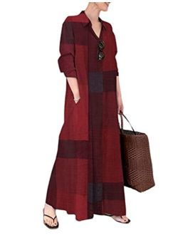 Uaneo Women's Casual Cotton Linen Long Sleeve Printed Spliced Plaid Maxi Dress