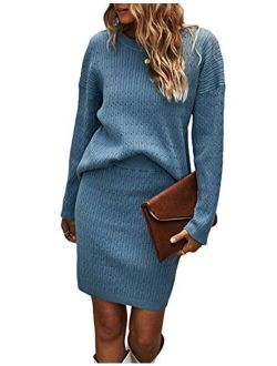 Uaneo Womens Knitted Ribbed Long Sleeve Sweater and Mini Skirt 2 Piece Outfits
