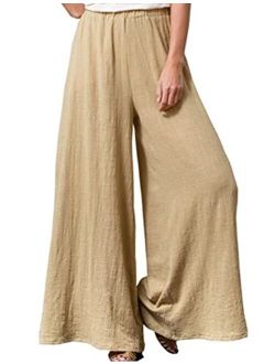 Uaneo Women's Loose Cotton Linen Solid Color Wide Leg Harem Palazzo Pants Trousers