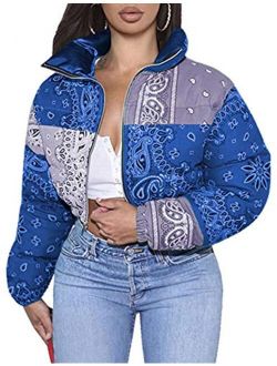 Uaneo Womens Cropped Puffer Jacket BandanaPrint Paisley Short Bubble Coat