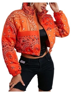 Uaneo Womens Cropped Puffer Jacket BandanaPrint Paisley Short Bubble Coat