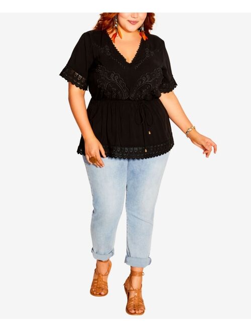 City Chic Trendy Plus Size Lust Embroidered V-neck Top