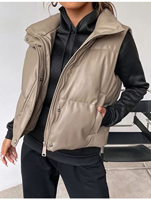 Uaneo Women's PU Leather Cropped Winter Puffer Jacket Vest