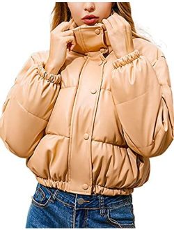 Uaneo Womens Faux Leather Puffer Jacket Zip Up Stand Collar Cropped Winter Down Coats
