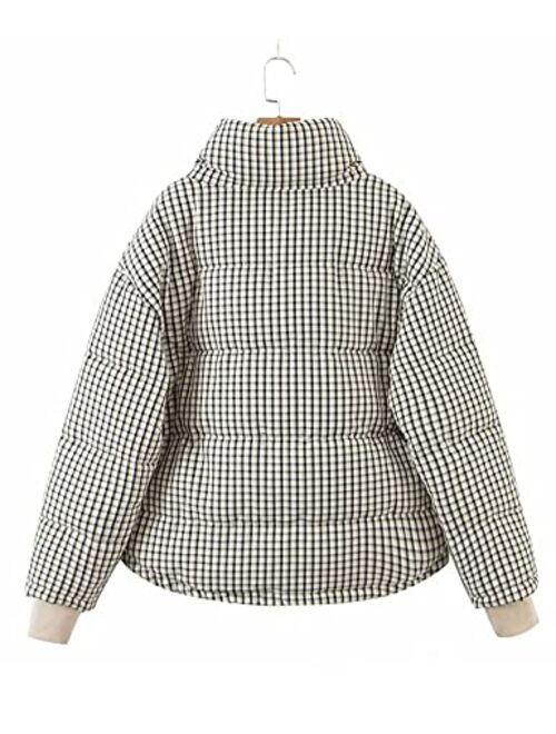 Uaneo Womens Plaid Puffer Jacket Winter Padded Button Down Stand Collar Crop Down Coat