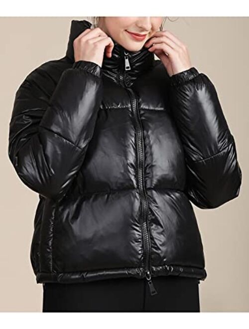 Uaneo Womens Cropped Puffer Jacket Padded Zip Up Stand Collar Casual Winter Coat