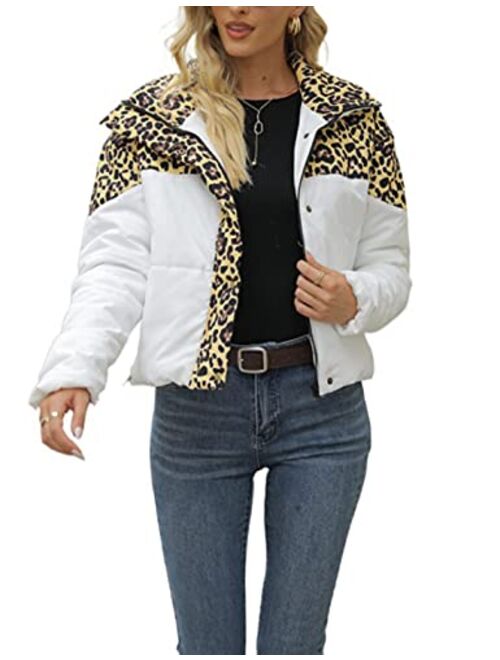 UANEO Womens Leopard Print Puffer Jacket Zip Up Stand Collar Cropped Down Coats