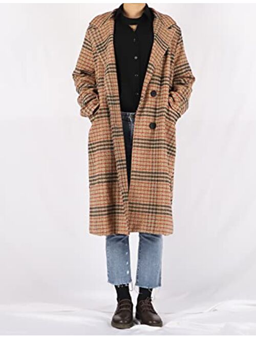 Uaneo Womens Plaid Double Breasted Long Wool Winter Pea Trench Coat