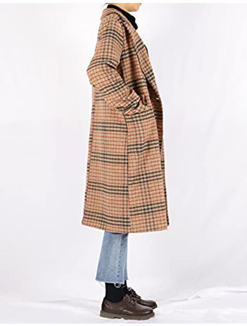Uaneo Womens Plaid Double Breasted Long Wool Winter Pea Trench Coat