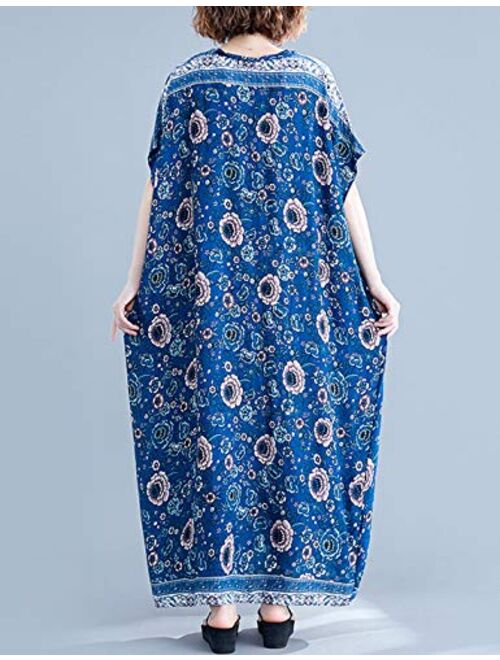 Flygo Women's Boho Printed Short Sleeve Maxi Dresses V-Neck Oversized Caftan Loungewear