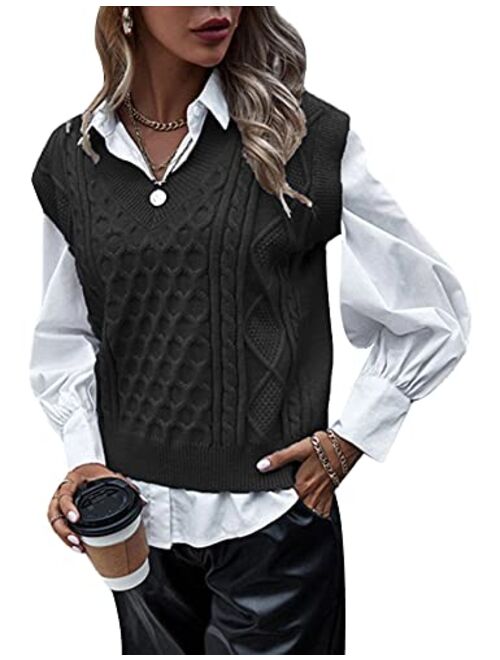 Gihuo Women’s Loose Fit Sleeveless Knitted Sweater Vest Vintage V Neck Cable Knit Pullover Tops