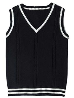 Gihuo Women's V Neck Sweater Vest Uniform Cable Knit Sleeveless Sweater