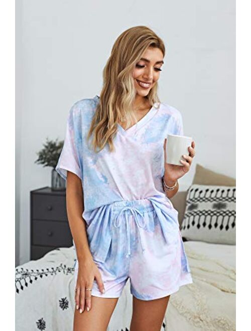 Dokotoo Womens Cute Summer Short Sleeve Lip/Ombre Print V Neck Pajamas Set Pjs Sets Loungewear Sleepwear Shorts Sets