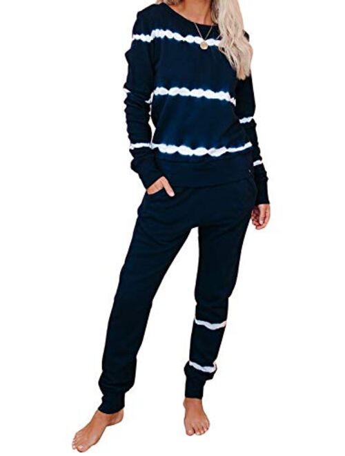 Dokotoo Womens Tie Dye Print Pyjama Sets Long Sleeve Tops and Pants Pocketed Pjs Joggers Sleepwear Loungewear