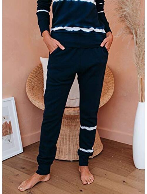 Dokotoo Womens Tie Dye Print Pyjama Sets Long Sleeve Tops and Pants Pocketed Pjs Joggers Sleepwear Loungewear