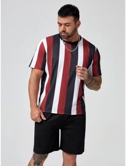 Extended Sizes Men Block Striped Contrast Trim Tee