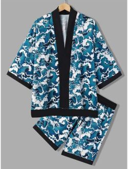 Men Random Wave Print Kimono & Drawstring Waist Shorts