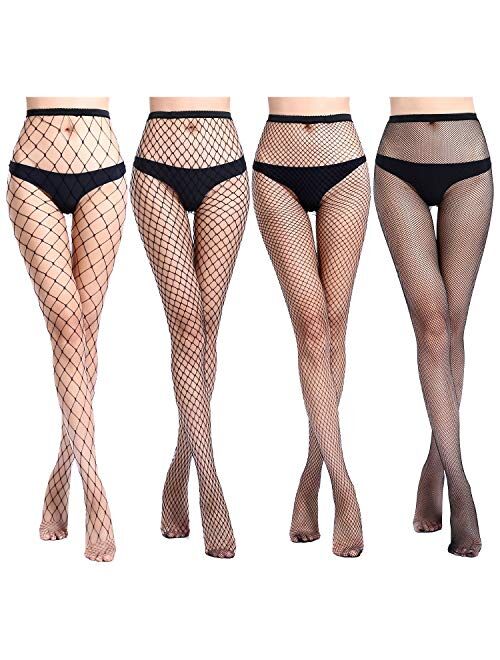 E-Laurels Womens High Waist Patterned Fishnet Tights Suspenders Pantyhose Thigh High Stockings Black
