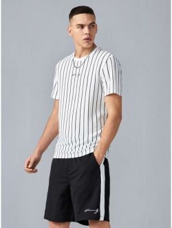 Men Letter Graphic Striped Tee And Striped Side Shorts Set