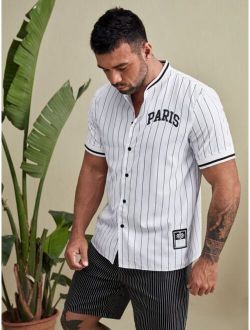 Extended Sizes Men Striped And Letter Graphic Patch Detail Shirt & Shorts