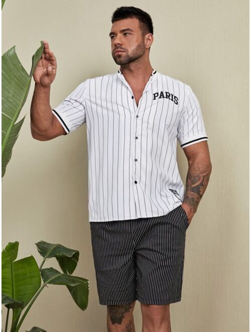 Shein Extended Sizes Men Striped And Letter Graphic Patch Detail Shirt & Shorts