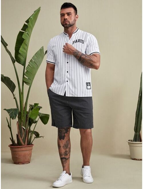 Shein Extended Sizes Men Striped And Letter Graphic Patch Detail Shirt & Shorts