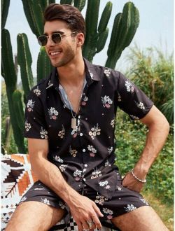 Men Floral Print Button Up Shirt & Shorts