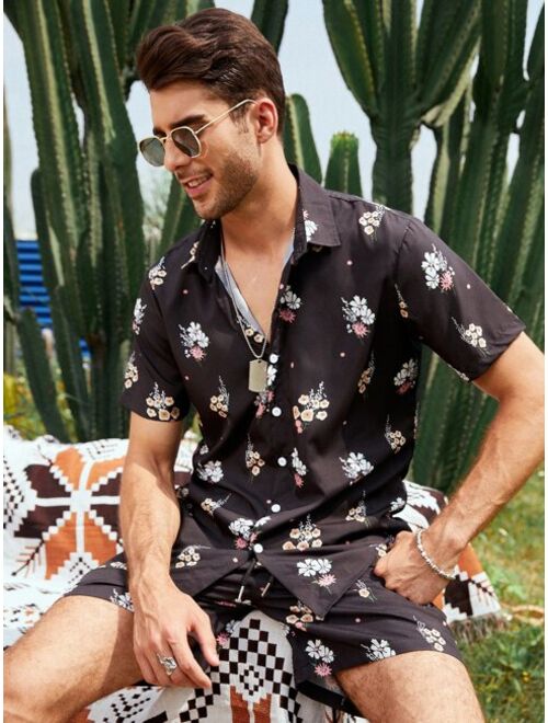 Shein Men Floral Print Button Up Shirt & Shorts