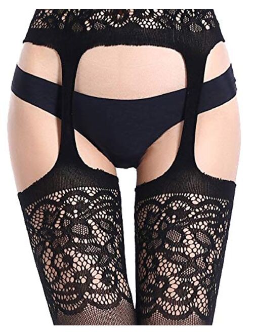 Huimeijia Garters Pantyhose Suspender Tights Lace Fishnet Garter With Attached Thigh High Stockings Black One Size Fits Most