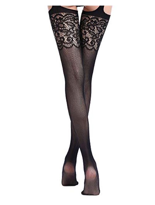 Huimeijia Garters Pantyhose Suspender Tights Lace Fishnet Garter With Attached Thigh High Stockings Black One Size Fits Most