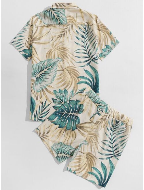 Shein Men Tropical Print Button Front Shirt & Shorts
