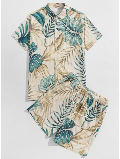 Shein Men Tropical Print Button Front Shirt & Shorts