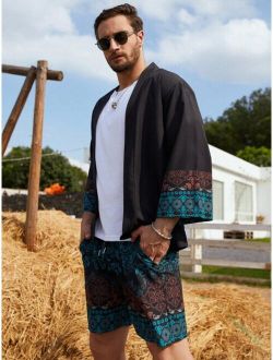 Men Graphic Print Kimono With Shorts Without Tee