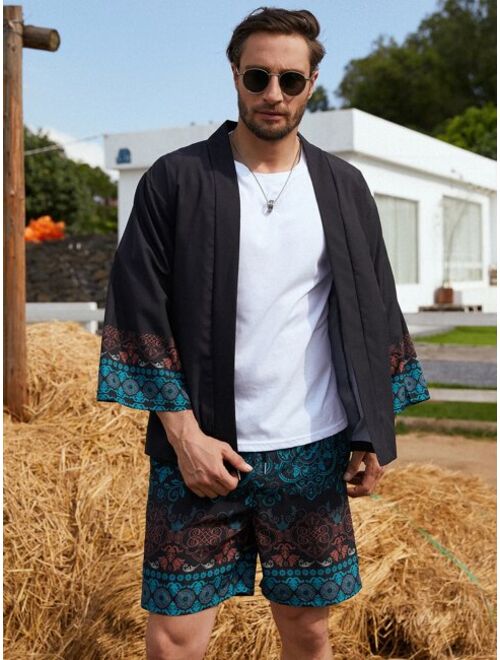 Shein Men Graphic Print Kimono With Shorts Without Tee