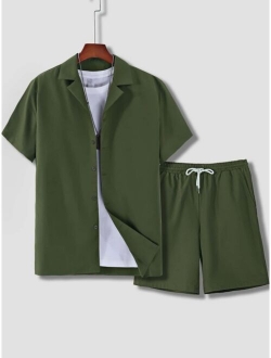 Men Solid Lapel Neck Shirt & Shorts