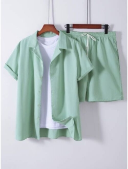 Men Solid Lapel Neck Shirt & Shorts
