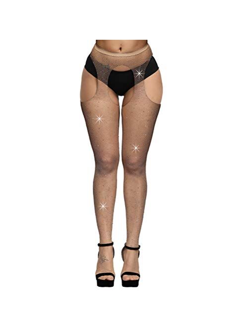 Bangmode Crystal Fishnet Stockings, Women's Sexy Sparkle Rhinestone Crotchless Stockings