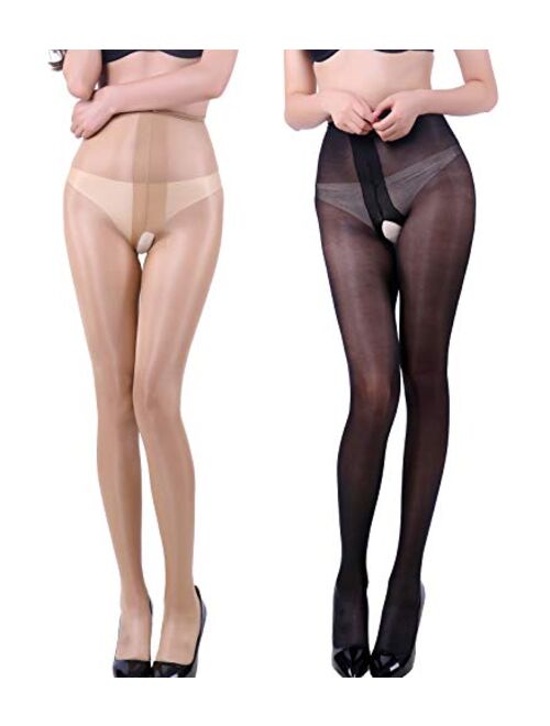 E-Laurels Women's High Waist Control Top Tights Sheer Shiny Crotchless Pantyhose Silky Stockings