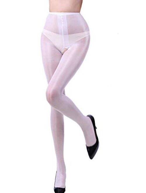 E-Laurels Women's High Waist Control Top Tights Sheer Shiny Crotchless Pantyhose Silky Stockings