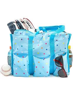 Juvale Rectangle Zip-Top Organizing Utility Tote Nursing Bag with Pockets for Teachers, Nurses, Moms - Blue with Rainbow Dots, 14.5 x 10.5 inches
