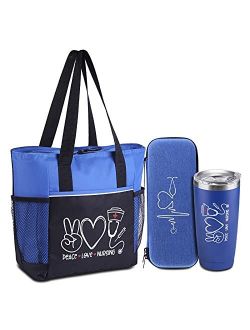 Abctec Nurse Birthday Gift Set - Peace, Love, Nursing. Zippered Insulated Tote Bag. Stethoscope Case & Stainless Steel Tumbler. Nursing Bags for Nurses for Work. Nurse Ba