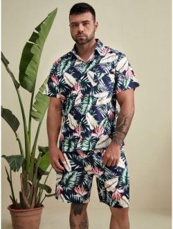 Extended Sizes Men Tropical Print Pocket Front Shirt & Shorts