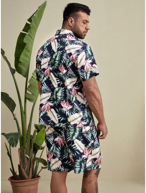 Shein Extended Sizes Men Tropical Print Pocket Front Shirt & Shorts